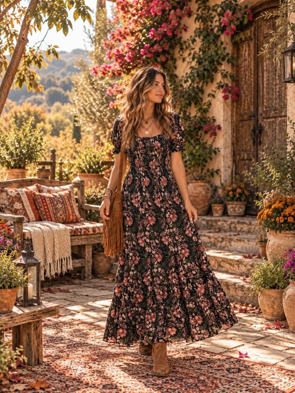 Natural Life Black Floral Boho Maxi Dress